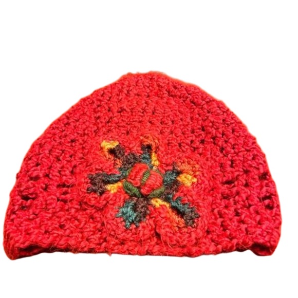 ♥️Handmade Crochet Hat Red Acrylic with Crochet Flower Appliqué - Picture 3 of 5